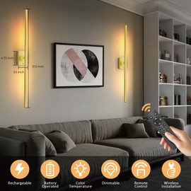 Yurnero Rechargeable Battery Wall Sconces Set of Two - Wireless Operated Modern Remote Dimmable Black & Gold Cordless Wall Light Sconce for Bedroom, Bathroom, Entryway, Decor & Task Lighting