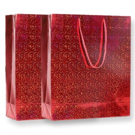 AKH® Shiny Gift Bag | Extra Large Size | 42 x 31 x 10 cm | Pack of 2 | Holographic Luxury Gift Bags | Gift Bags | Perfect for Xmas Party Present Decorations (Red)