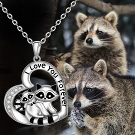 Cheyring Raccoon Necklace for Women Mom Sterling Silver Mother Daughter Heart Raccoon I Love You Forever Pendant Necklace Cute Animal Raccoons Jewelry Mothers Day Gifts