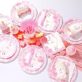 One Silly Goose Birthday Party Tableware Set Gingham Baby Shower Plates Cups Napkins Set for Birthday Party Decorations Supplies for 24 Guests