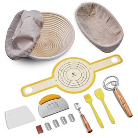Sourdough Bread Baking Set - 10 Inch Oval & 9 Inch Round Banneton Bread Proofing Baskets with Linen Liner, Danish Dough Whisk, Dough Scraper Kit