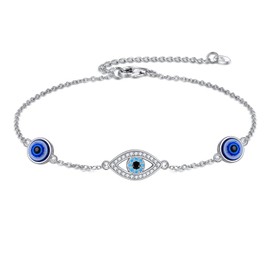 SHEAISRS Evil Eye Bracelet Sterling Silver Blue Evil Eye Bracelet Adjustable Chain Jewelry Gift for Women Teens Girls