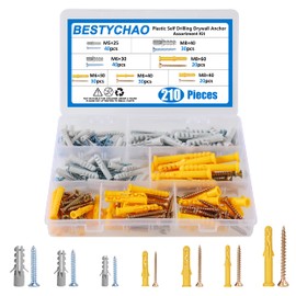 BESTYCHAO 210pcs Self Drilling Drywall Anchors, 7 Sizes Plastic Hollow Wall Anchor Screws Assortment Kit for Drywall Hanging and Mounting M5 M6 M8