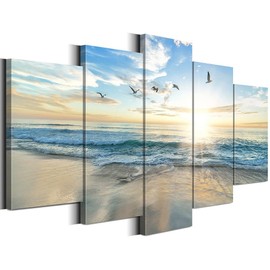 Biufo Seascape Wall Art Canvas Prints Sunrise at Sea Painting Picture Beach Ocean Artwork for Office Bedroom Living Room Wall Decor (Large)