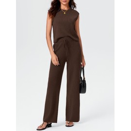 Imily Bela Womens 2 Piece Outfits Sweater Sets Knit Summer Casual Crewneck Sleeveless Tops Wide Leg Pants Tracksuits, Coffee, Medium
