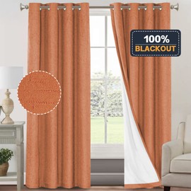 PrinceDeco Linen Blackout Curtains 84 Inches Long 100% Absolutely Blackout Textured Window Curtains for Living Room Energy Saving with White Liner,Anti-Rust Grommet, Orange,2 Panels