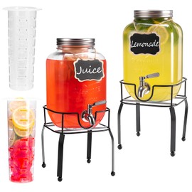 1 Gallon Glass Drink Dispensers For Parties,Beverage Dispenser with Stand,18/8 Stainless Steel Spigot Leakproof,Lemonade Dispenser for Sun Tea, Homemade Juice （2 Pack)
