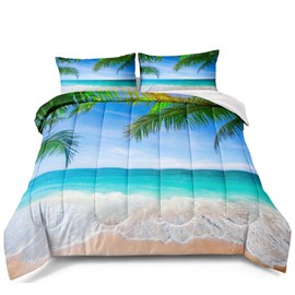 BDUCOK Ocean Comforter Set Queen Size Beach Bedding Set Tropical Palm Tree Hawaii Ocean Comforter Set Sunny Beach Coastal Nature Theme All Season Comforter Queen Size 1 Comforter wiht 2 Pillowcases
