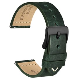 WOCCI 20mm Old-fashioned Watch Band for Men, Top Grain Leather, Black Matte Buckle (Army Green)