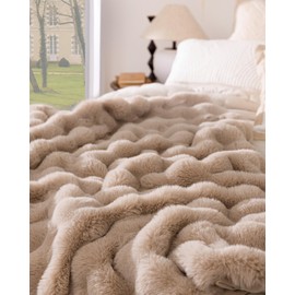 Ultra Soft Cozy Faux Fur Throw Blanket, Fuzzy Plush Thick Bubble Blanket, Oversize Luxury Fluffy Blanket for Couch, Bed, and Living Room, 60x80 Inches, Light Brown