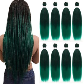 Ombre Natural Black to Green Pre stretched Braiding Hair 8 Packs 24 Inch Synthetic Braiding Hair Prestretched Natural Easy Twist Braids Soft Yaki Straight Texture (#1B/GREEN)