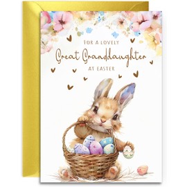 Great Granddaughter Easter Card - Bunny with Easter Eggs Design - A5 Size with Gold Envelope