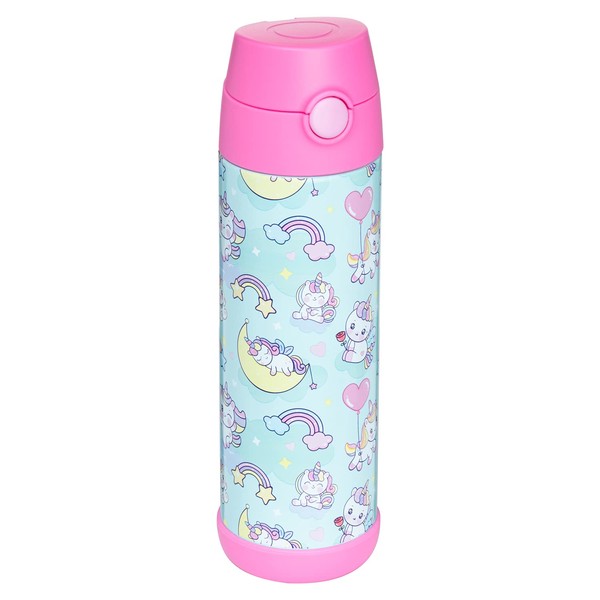 Snug Kids Water Bottle - insulated stainless steel thermos with straw (Girls/Boys) - Unicorn, 17oz