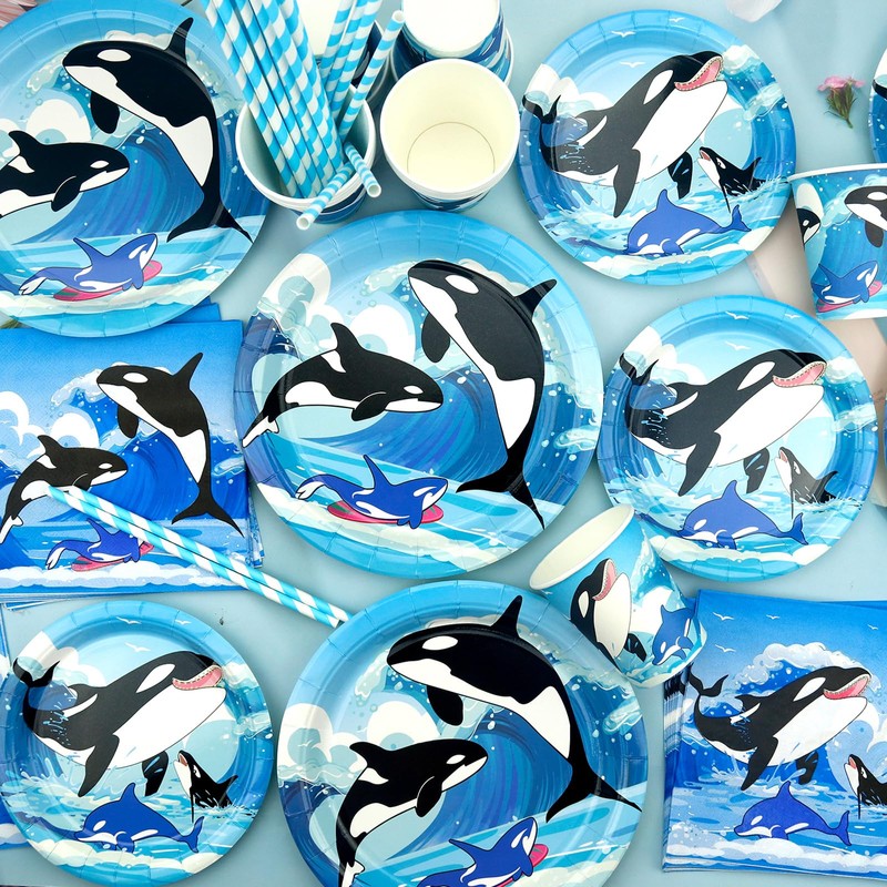 Ocean Orca Party Decorations - Orca Happy Birthday Plates Tablecloth