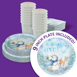Snowman Snowflake Winter Onederland 1st Birthday Party Supplies - 64 Piece Christmas First Birthday Tableware Set Includes Large 9" Dinner Plates and 8" Dessert Paper Plates Napkins Cups - Kit for 16