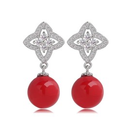 TreasureBay Elegant 10mm Red Shell Beaded Drop Earrings for Women & Girls, CZ Crystal Stud Earrings, 3cm, Jewellery Gift
