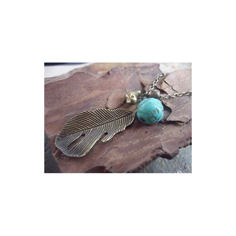 ✿ Blatt, Vogel & Howlite - lange Kette ✿ bronze