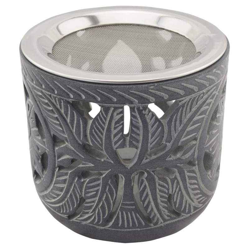 Indian Soapstone Incense Burner with Stainless Steel Strainer and Metal