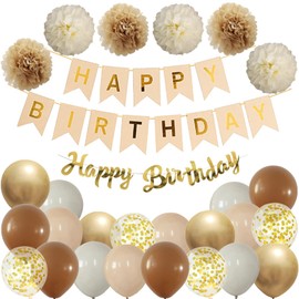 Ohighing Happy Birthday Wooden Boho Birthday Party Decoration Set Birthday Garland Balloons Khaki Beige Balloons 6 Pompoms Birthday Decoration Girls Boys