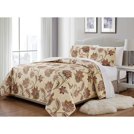 Mk Home 2pc Twin/Twin Extra Long Bedspread Quilted Print Floral Beige Red Blue Taupe Over Size New # Jane