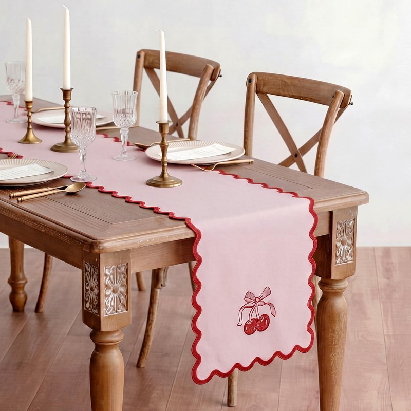 Breling Pink Bow Cherry Table Runner 70 Inches Coquette Scalloped