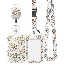 Pawfly Floral Sliding Badge Holder White Flower Plastic Case with Retractable Badge Reel Carabiner Clip and Detachable Lanyard Strap Hard Vertical Card Protector for Women Nurse Teacher Student
