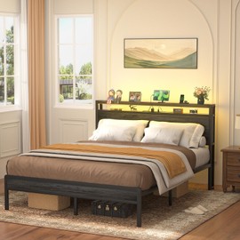 Homieasy Queen Size Bed Frame with Headboard & LED Lights - Sturdy Metal Platform Frame with USB Outlets, No Box Spring Needed, Noise Free, Black Oak - Easy Assembly