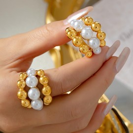TIANYI 18K Gold Rings For Women Exquisite Artificial Pearls Rings Vintage Chunky Cocktail Rings Index Finger Gorgeous Statement Band Rings Waterproof Non Tarnish Gold Jewelry For Mother Wife （Size-6）