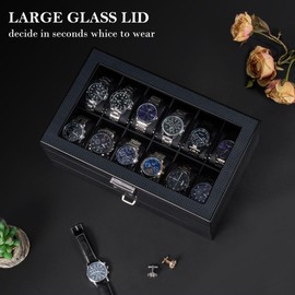 BEWISHOME Watch Cases for Men with Drawer Watch Box Organizer Glass Lid and Paint Surface Men’s Watch Storage 12 Slot Watch Holder Display Case SSH02A