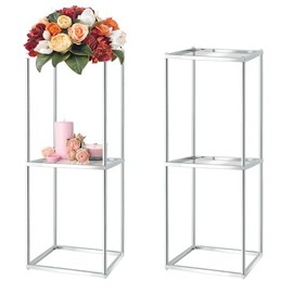 kehail 2-Tier Metal Flower Stand Set with Acrylic Shelves, Geometric Display Rack for Wedding Centerpieces, Party Decor, Tall Floor Vase Stand (Silver, 2 Pcs-25)