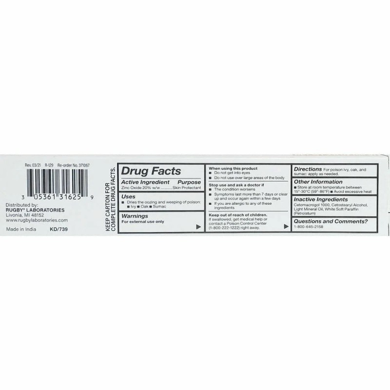 Rugby Zinc Oxide Ointment 20% Skin Protectant - 1.05 Oz