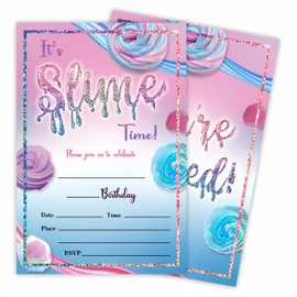 It's Slime Time! Birthday Invitations, 20 Double-Sided Fill In Colorful Slime Birthday Invite Cards With Envelopes For Kids, Teens, Boys & Girls, Party Favor & Decorations - C05