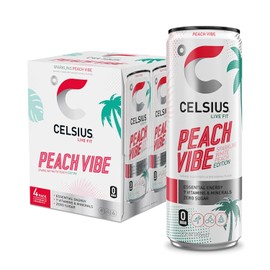 CELSIUS Bebida deportiva Sparkling Peach Vibe, sin azúcar, 12 oz. Lata delgada, paquete de 4. Sabor Durazno Blanco, 4 Lata de 355ml