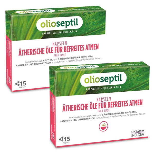 OLIOSEPTIL Essential Oil Capsules for Free Breathing - For Inhalation - Combination of Menthol and 100% Natural Chemotyped Essential Oils - Alcohol Free - 2 x 15 Capsules