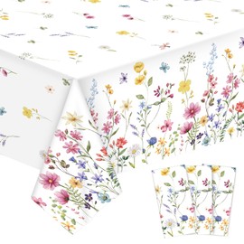 Tinoaly 3pcs Floral Tablecloth, 108x54in Waterproof Wildflower Tablecloth Plastic Flower Table Covers Ideal Decorations for Home Birthday Wedding Picnic Spring Summer Themed Parties