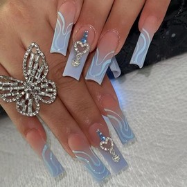 Magrace Press on Nails Long Fake Nails French False Nails with Designs Rhinestone 24 pcs Stick on Nails for Women