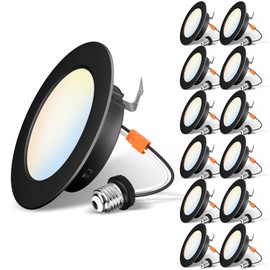 LVWIT 4 Inch Black LED Recessed Lighting, Slim Can Lights, 6W=85W,700LM,5CCT Color Selectable, Dimmable Downlight with E26 Conversion Kit, 12 Pack,IC Rated