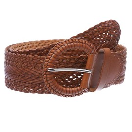 2 Inch Wide Genuine Leather Braided Woven Round Belt, Light Tan | S/M - 32" (End to End 37")