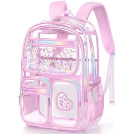 Fimibuke Clear Backpack for Girls, Heavy Duty PVC Transparent Kids Backpack for Teen Girls, School Stadium Approved See Through Teens Kids Bookbag for Kindergarten Elementary Middle High School, Pink
