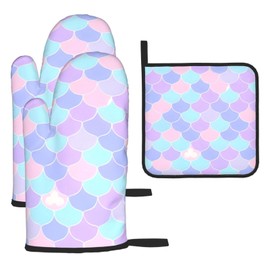 Mermaid Tattoo Oven Mitt and Pan Rack Set (3-Piece Set) for Kitchen Cooking, Baking, and Grilling.