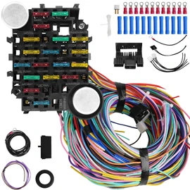 Universal 21 Circuit Wiring Harness Kit, Universal Extra Long Wire 21 Circuit Wiring Harness Standard Color 17 Fuses for GM Chevy Chrysler Dodge Ford Hotrods Plymouth Mopar Mercury Ratrods