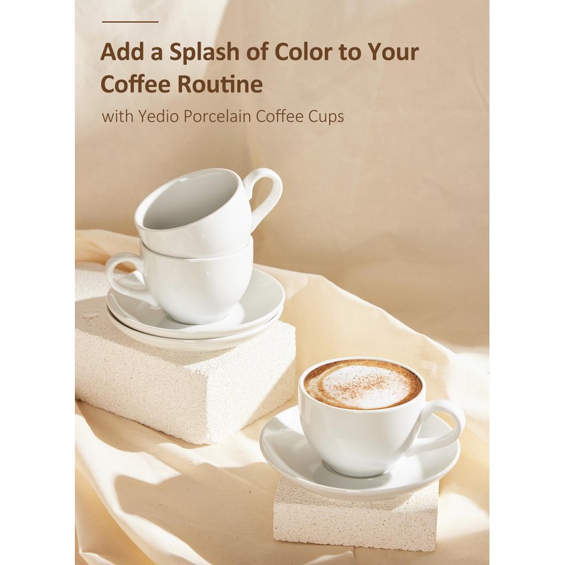 Yedio Porcelain Coffee Cups Set with Saucer, 6 Ounce White