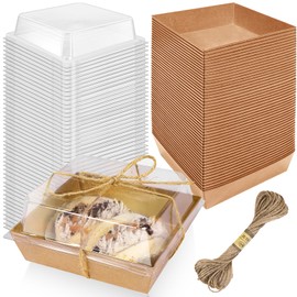 STRAYJO 50 Pack Paper Charcuterie Boxes with Clear Lids,4.3" Brown Square Cookie Containers,Oil-Proof Kraft Paper Dessert Boxes,Disposable Sandwich Boxes for Bakery,Cake(Brown)