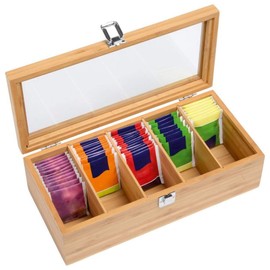 Wooden Tea Bag Storage Box with Acrylic Window, Tea Bag Organizer Tea Storage with 5 Compartments, Magnetic Lock Cover, Ideal Gift (As Shown)