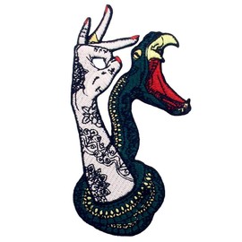 Roaring Snake and Tattoo Hand Patch Embroidered Applique Badge Iron On Sew On Emblem
