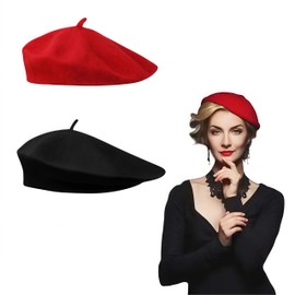 SDXCJY Adult Beret Hats Vintage Blend French Beret Hat Unisex Soft Warm Outdoor Classic Solid Color One Size 2 Pack, black, red
