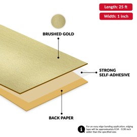 Brushed Gold PVC 1 inch x 25 ft Edge Banding Peel Stick Tape Adhesive Metal Edging Veneer Aluminum Trim Flexible Strip Molding MDF Wood Cabinet Laminate Shelf Furniture Countertop Formica Plywood