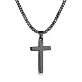 Fiusem Cross Necklace for Men, Black Mens Cross Necklaces with 3.5mm Cross Chain and Stainless Steel Cross Pendant Small, Cuban Chain 24 Inch