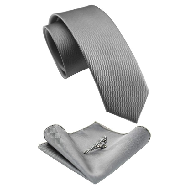JEMYGINS 2.4" Grey Skinny Tie and Pocket Square with Tie