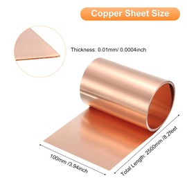uxcell Copper Sheet Roll 2500mm x 100mm x 0.01mm, 4" x 8.2ft 38 Gauge 99.9% Pure Copper Flashing Strip Metal Foil Plate for Electricity DIY Projects (Multiple Sizes)